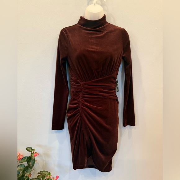 Express Velvet Ruched Mock Neck Mini Dress - XS - chocolate brown - Picture 2 of 11